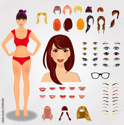 Set for creation unique female character. Full body, face, eyes, eyebrows, hairstyle, lips, accessories isolated on white background. Vector illustration, clip art.