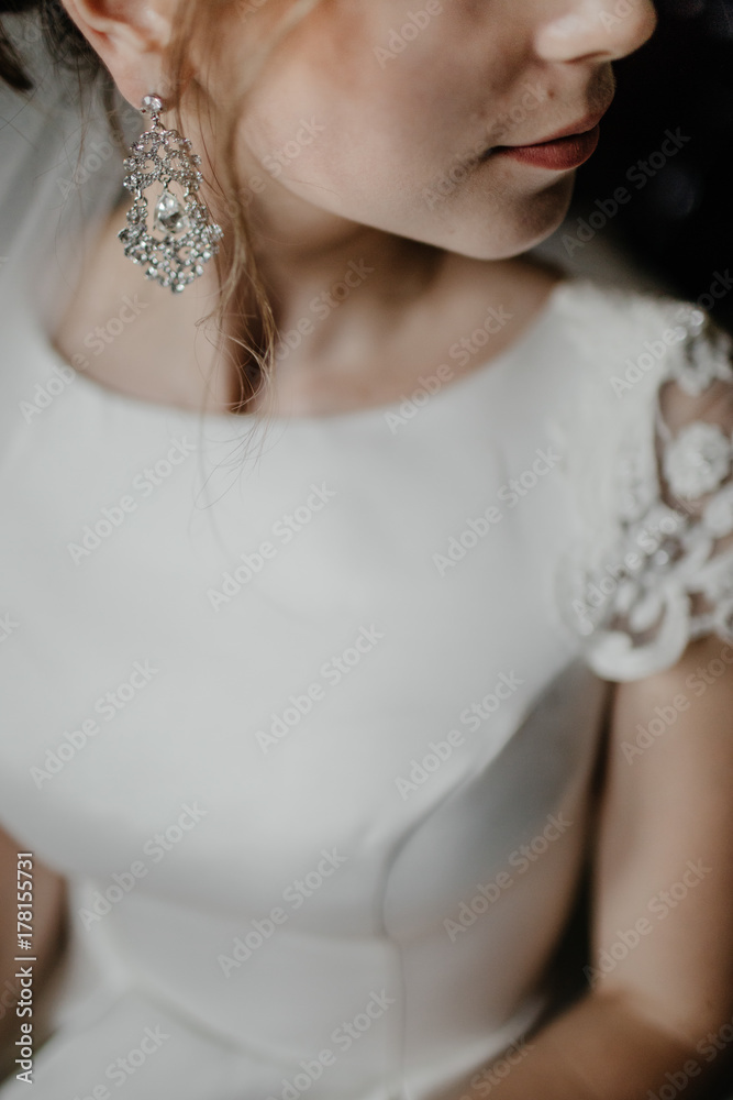 Closeup shot of an elegant, brunette bride in vintage white dress posing under veil closeup