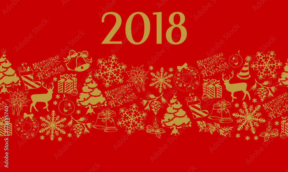 Christmas and New Years elements with text. Vector seamless pattern background.