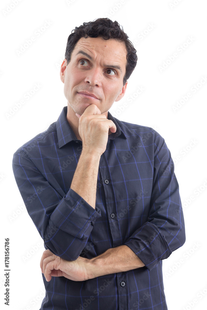 Consumer is pensive, indecisive. The person is wearing dark blue social shirt. Isolated.. Consumer is pensive, indecisive. The person is wearing dark blue social shirt. Isolated..