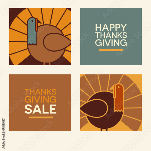 Happy Thanksgiving flat minimalist design elements. Abstract turkeys and text designs. For greeting cards, web banners, flyers, print.