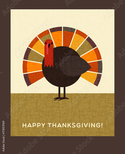 Happy Thanksgiving flat minimalist design. Colorful turkey. For greeting cards, banners, flyers, print.