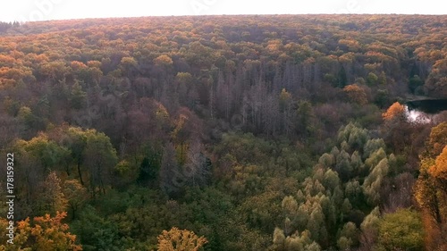 Aerial view on abandoned ruined castle and park. Autumn color footage in sunset light. photo