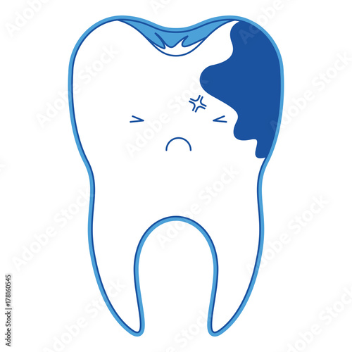 kawaii tooth with root and caries by side in blue silhouette