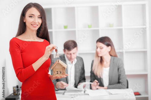 Принти на полотні Meeting with agent in office, buying renting apartment or house, buyers of real