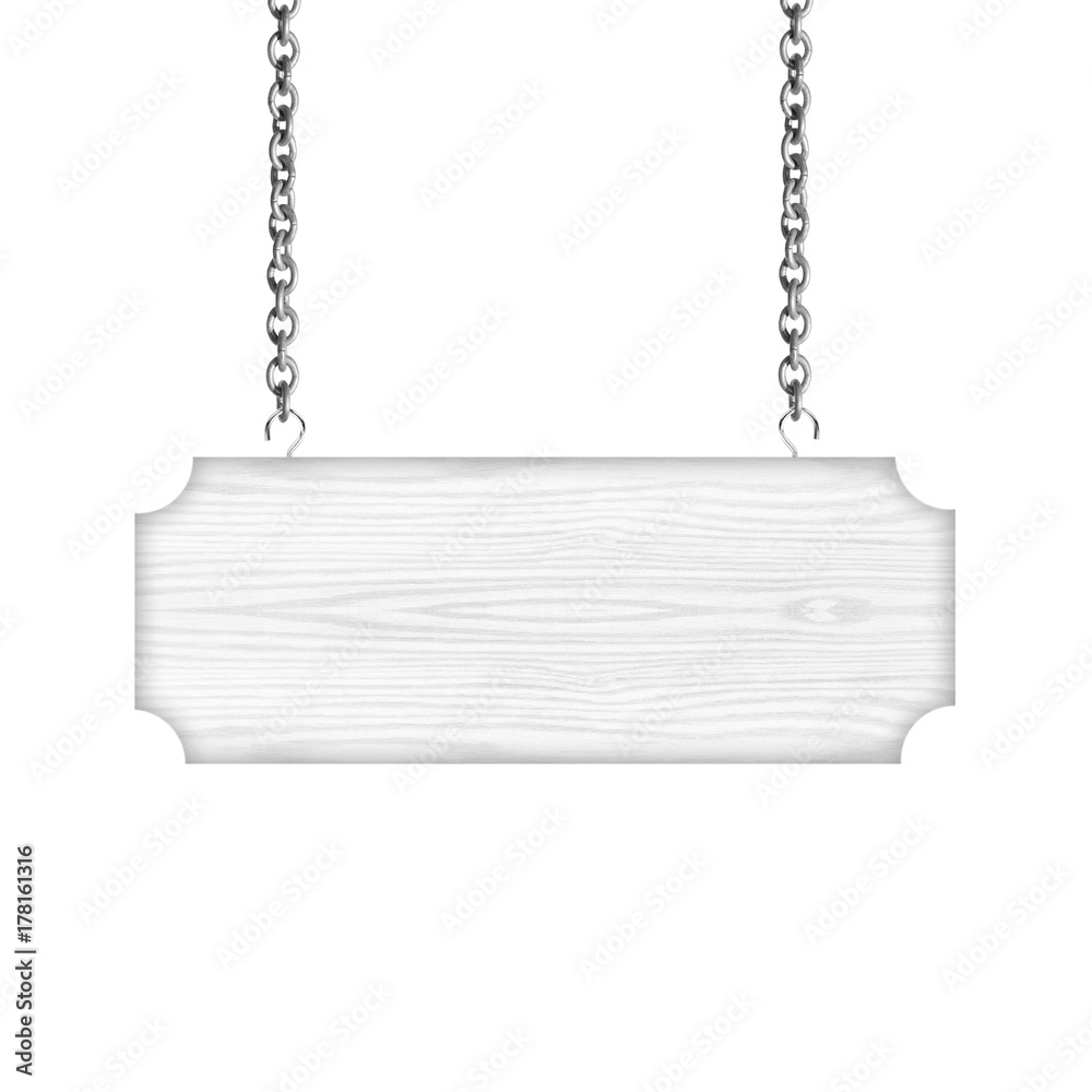 Wooden sign hanging on a chain isolated on white background Wooden sign hanging on a chain isolated on white background