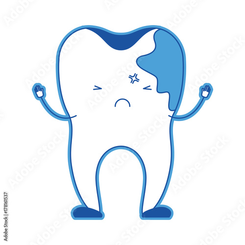 cartoon tooth with caries by side in blue silhouette