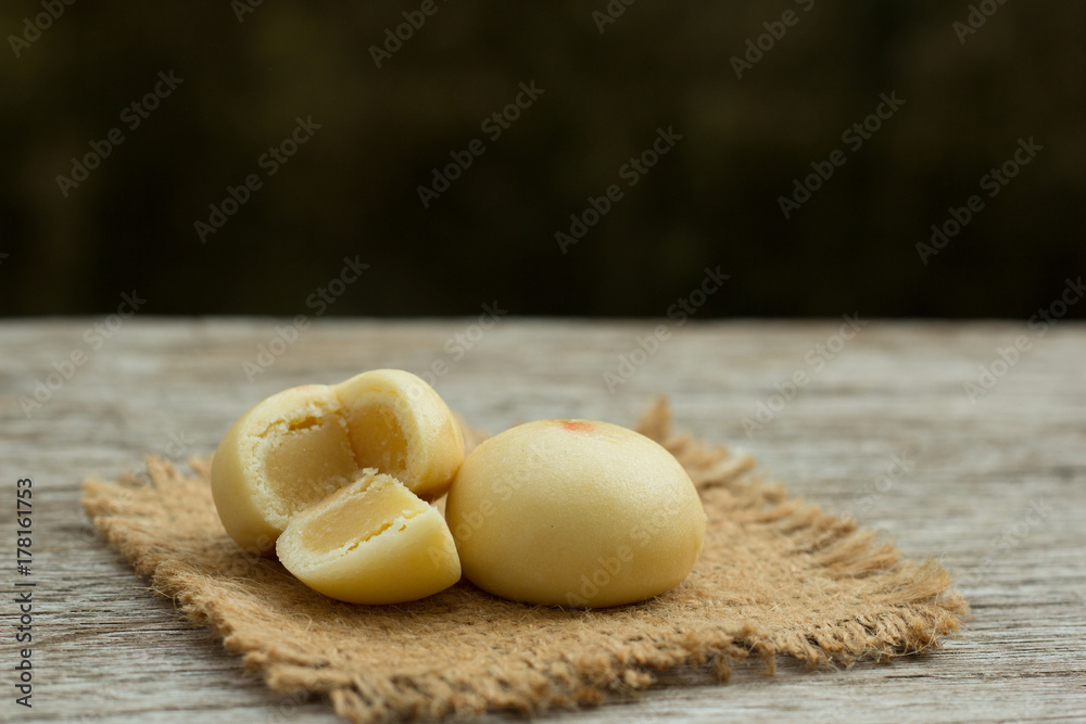 Mochi snack on wooden plate,copy space Mochi snack on wooden plate,copy space