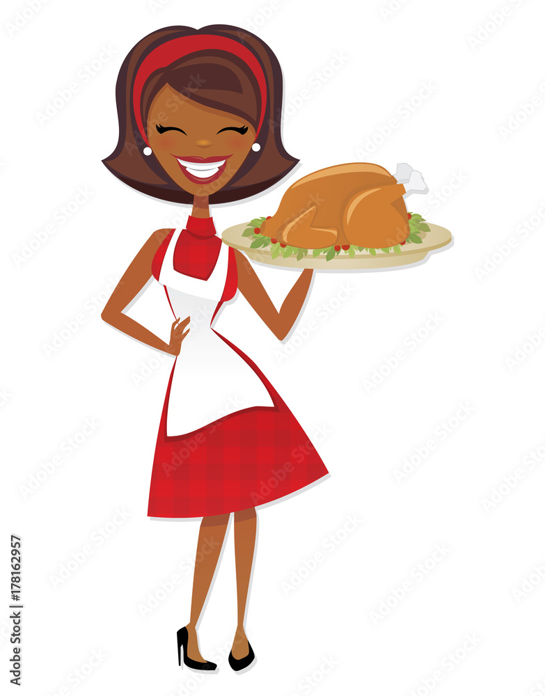 Retro cartoon black woman smiling and holding a holiday turkey wearing a festive red dress and apron isolated on white background Retro cartoon black woman smiling and holding a holiday turkey wearing a festive red dress and apron isolated on white background