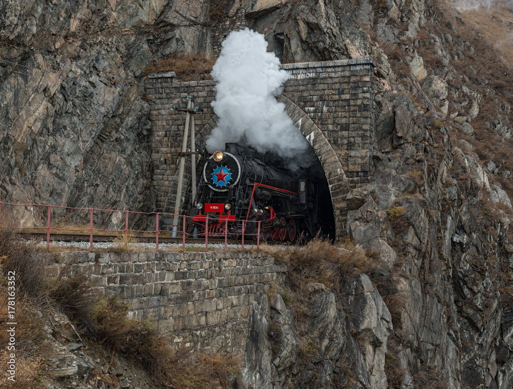 Fototapeta premium Old steam locomotive in the Circum-Baikal Railway