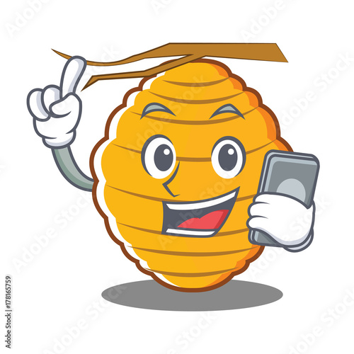 With phone bee hive character cartoon