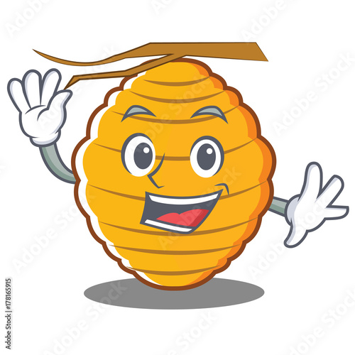 Waving bee hive character cartoon