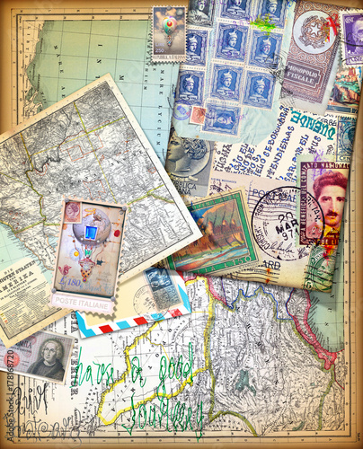 Sfondo vintage con vecchie mappe,carte,francobolli e itinerari di viaggio