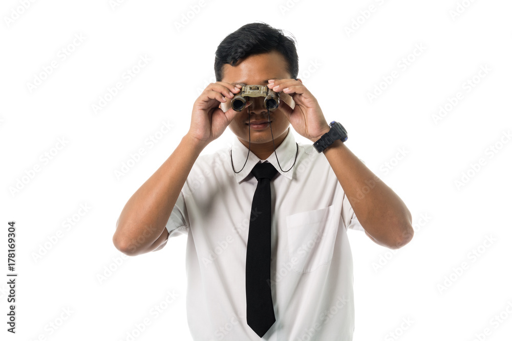 Portrait of a business man with binoculars. Isolated on white background Portrait of a business man with binoculars. Isolated on white background