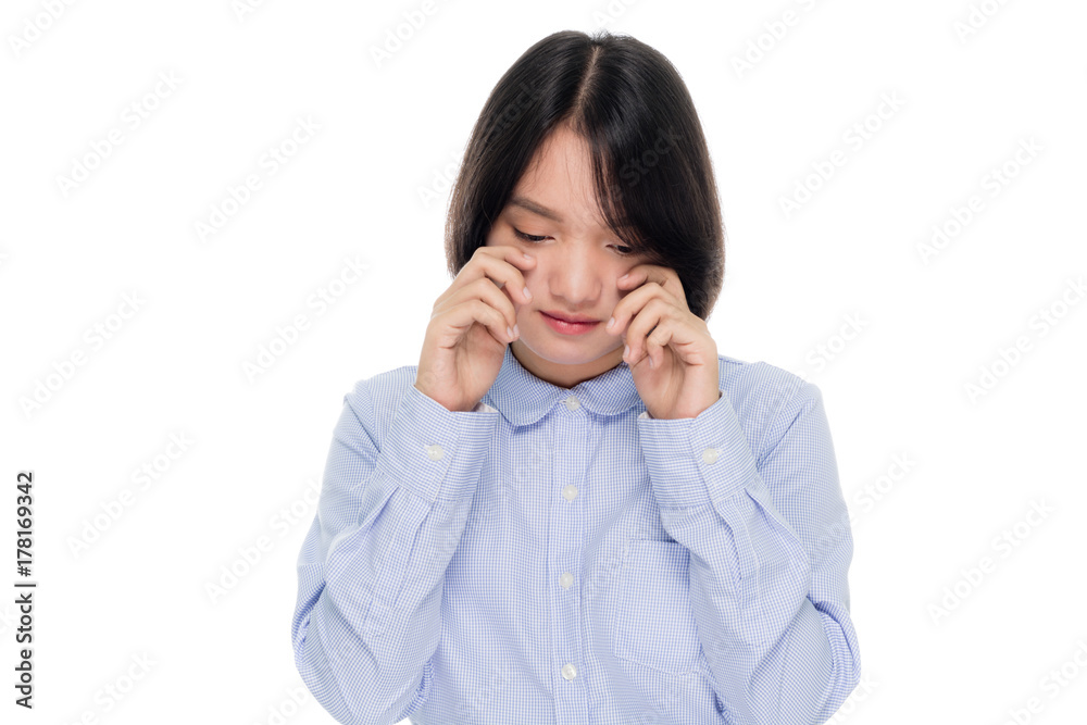 Portrait of a crying asian business woman. Isolated on white background Portrait of a crying asian business woman. Isolated on white background