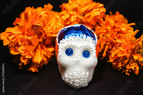 calaverita dulce de dia de muertos flor de cempasuchil ofrendas mexico city halloween photo