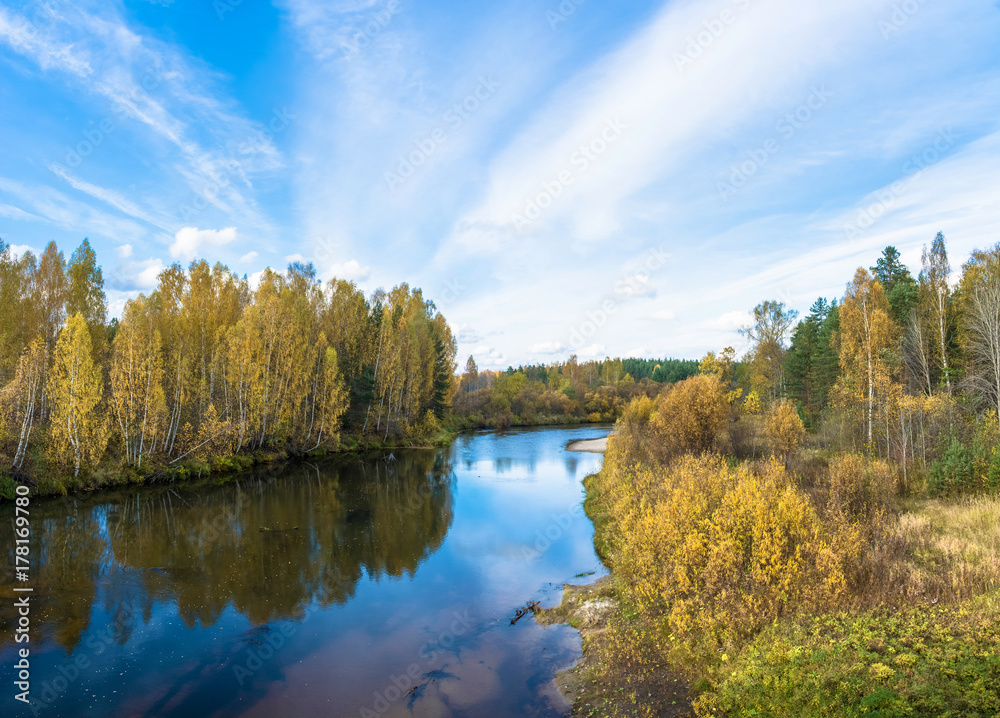 A small river in the decoration of the yellow autumn trees. A small river in the decoration of the yellow autumn trees.