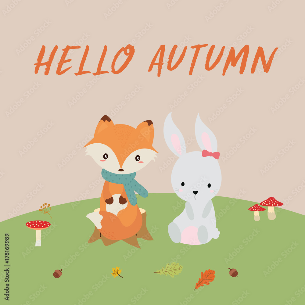 hello autumn card.cute fox,cute rabbit