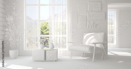 Idea of white room with armchair and summer landscape in window. Scandinavian interior design. 3D illustration © AntonSh