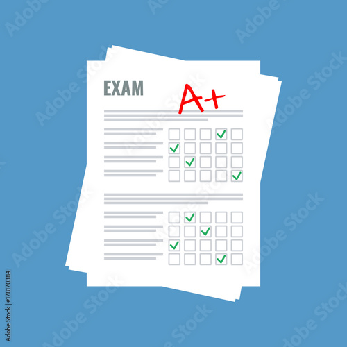 exam sheet with A plus grade, flat design photo