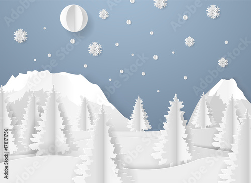 Christmas card with paper snow flake. Falling snowflakes on a dark blue winter background. Vector illustration. Merry Christmas, New Year design. EPS 10.