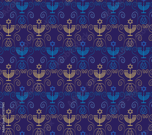 Jewish holiday Hanukkah seamless ornamental pattern with traditional Chanukah symbols - menorah, candles, star of David and glowing lights festive decoration. Ornament Vector template