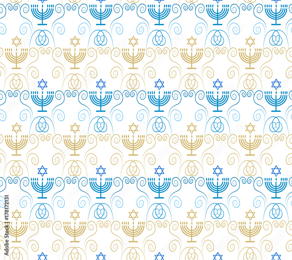 Jewish holiday Hanukkah seamless ornamental pattern with traditional Chanukah symbols - menorah, candles, star of David and glowing lights festive decoration. Ornament Vector template