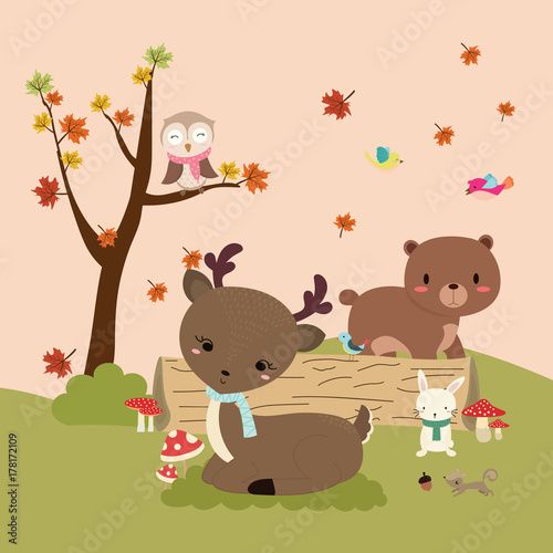 Autumn forest in vector set with cute forest animals © VectorBoyZ