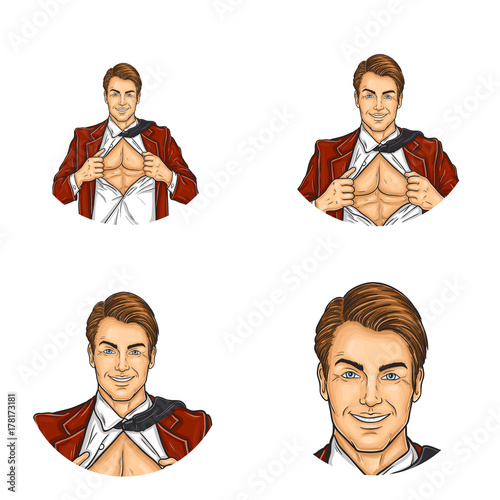 Set of vector pop art round avatar icons for users of social networking, blogs, profile icons. Businessman, manager, super worker in a suit with a shirt open on his naked chest