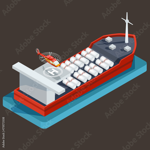 Vector isometric red barge with barrel for transportation of oil, petroleum or water in the water. Concept of commercial transportation of liquid cargo, freight transport