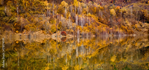 colorful autumn trees reflecting in lake