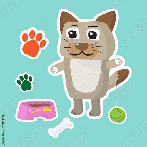 Cute dog cartoon sticker set on blue background