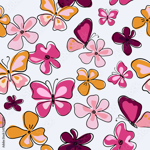 Cute seamless texture with decorative flowers and butterflies
