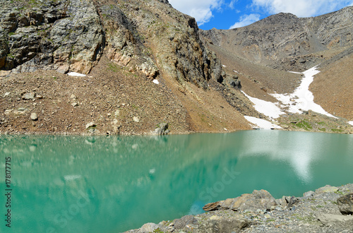 Blue lake in Aktru valley. Altai Republic, Russia