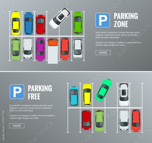 Vector illustration city parking lot with a set of different cars. Public car-park. Flat illustration for web. Urban transport. Large number of cars in a crowded parking.