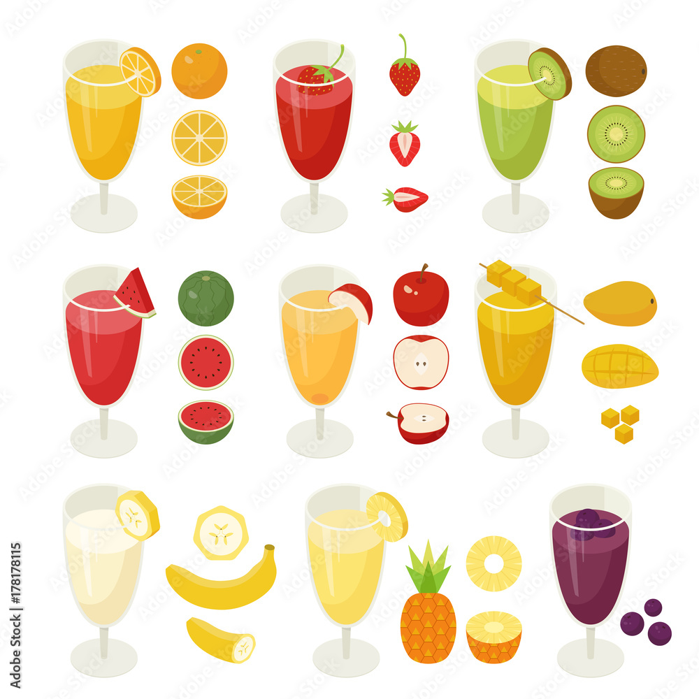 isometric kind of fruits juice and slice sampl vector flat design illustration set isometric kind of fruits juice and slice sampl vector flat design illustration set