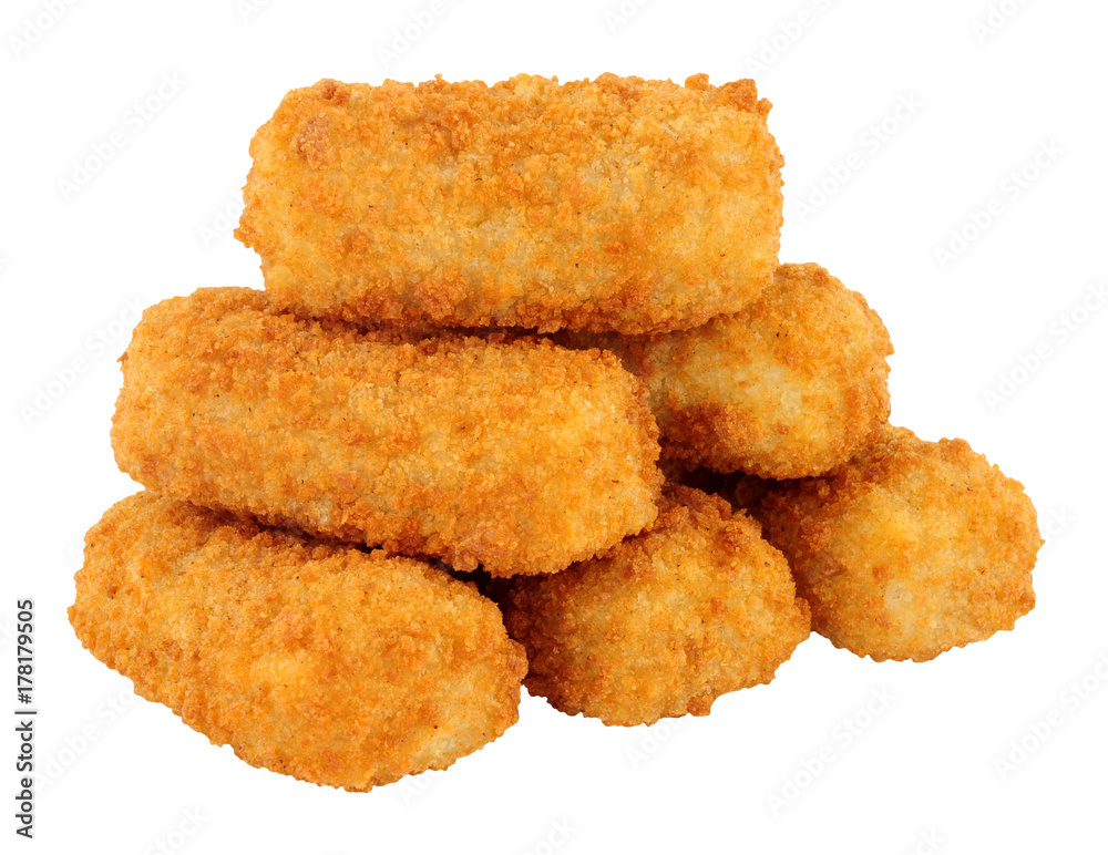 Group of crunchy mashed potato croquettes isolated on a white background Group of crunchy mashed potato croquettes isolated on a white background