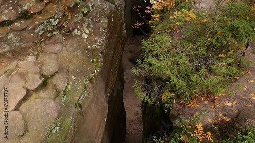 Narrow corridor in the rocks. View from above