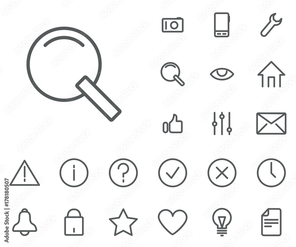 Search icon in set on the white background. Universal linear icons to use in web and mobile app. Search icon in set on the white background. Universal linear icons to use in web and mobile app.