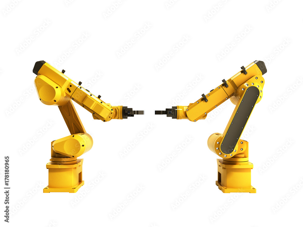 Industrial robots on white background no shadow 3D rendering Industrial robots on white background no shadow 3D rendering