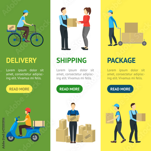 Cartoon Delivery Workers Banner Vecrtical Set. Vector