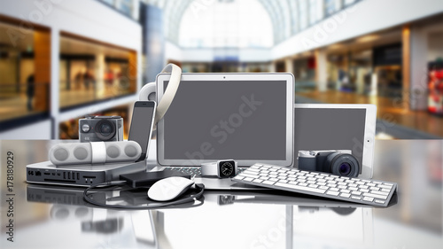 collection of consumer electronics 3D render on sale background