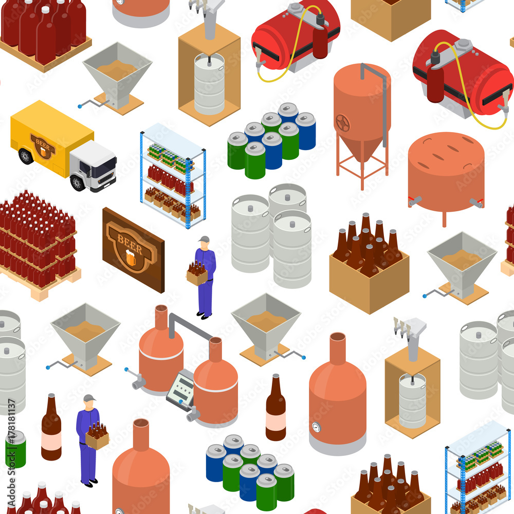 Equipment and Beer Production Background Pattern on a White Isometric View. Vector