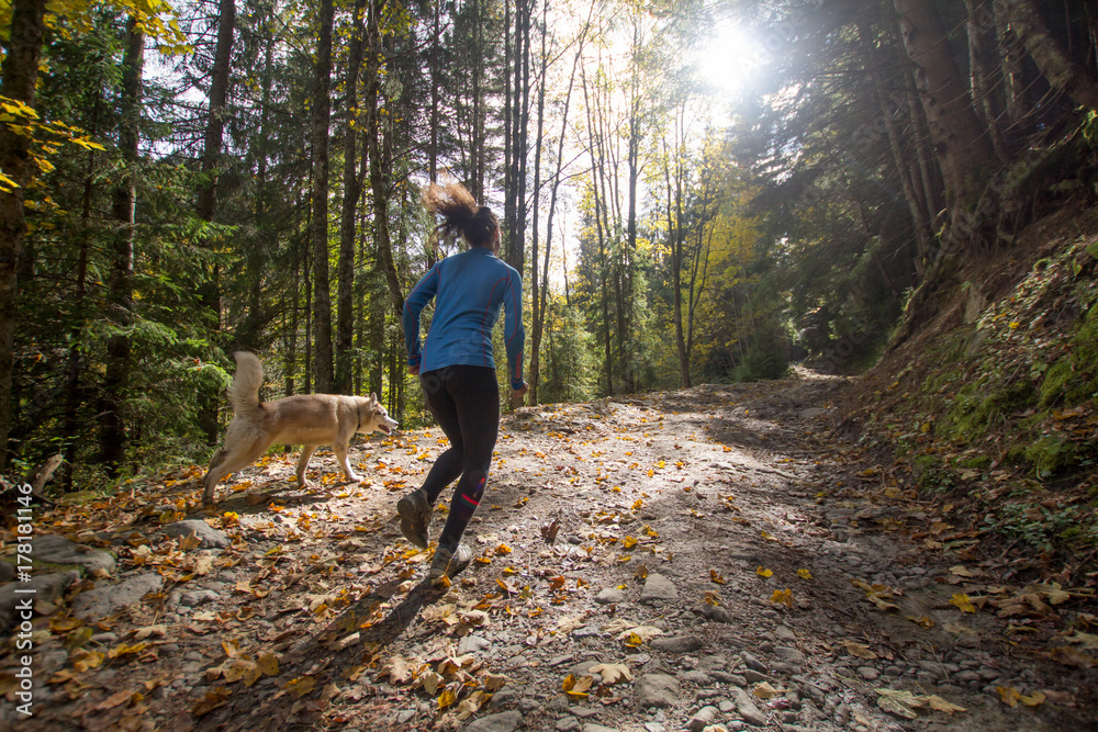 young female runner training in autumn forest 