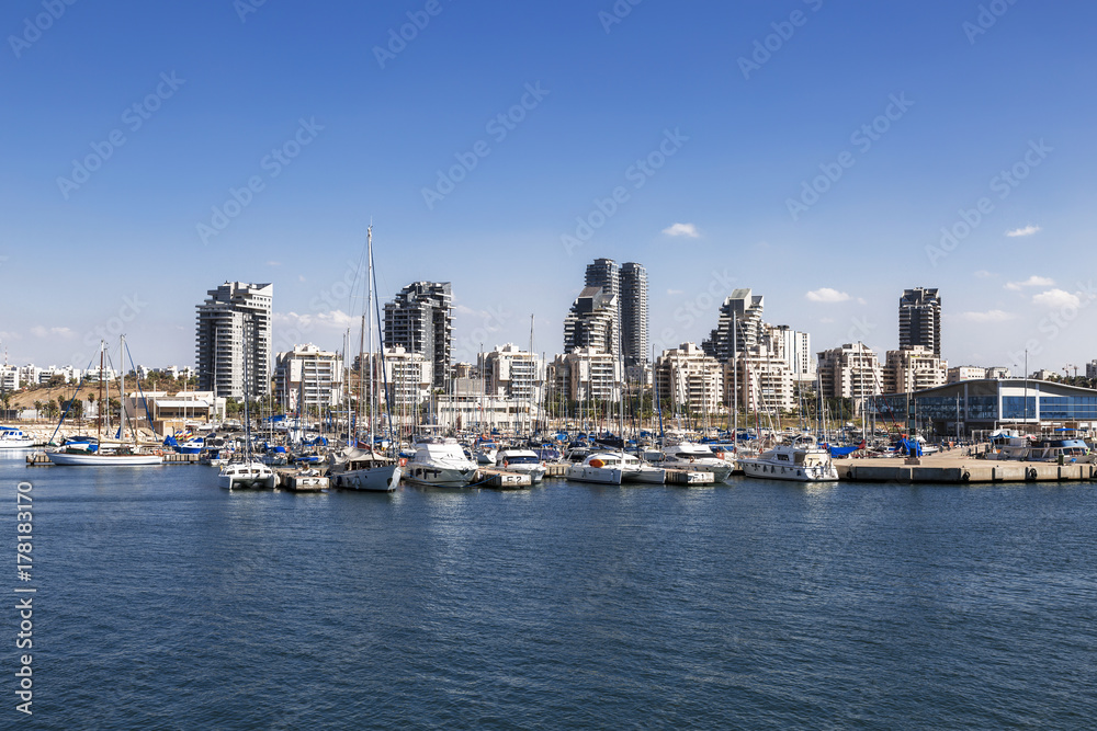 A view of the city of Ashdod from the Mediterranean sea, Israel