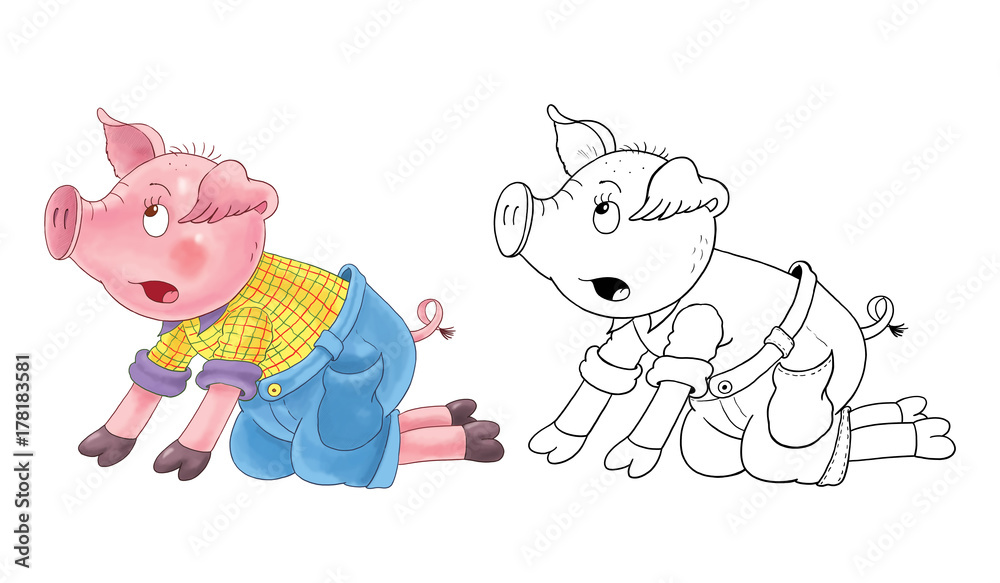 Fototapeta premium Three little pigs. Fairy tale. Coloring book. Coloring page. Cute and funny cartoon characters.