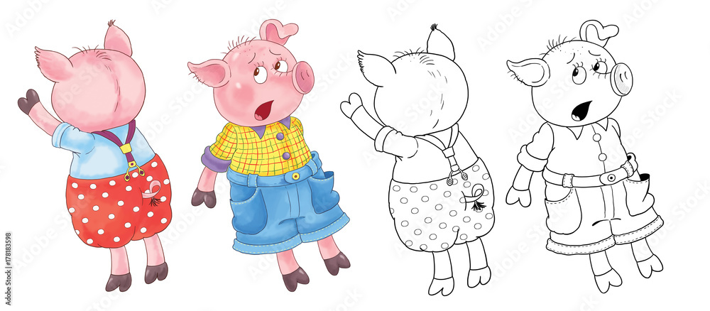 Three little pigs. Fairy tale. Coloring book. Coloring page. Cute and