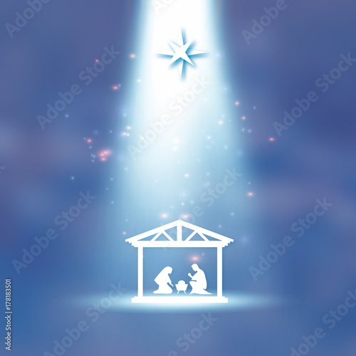 Birth of Christ. Baby Jesus in the manger. Holy Family. Magi. S Star of Bethlehem - east comet. Nativity Christmas graphics design in paper cut style. Star light. Vector © masherdraws