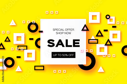 Sale. Trendy Geometric elemets and frame in paper cut style. Discount. For brochure, flyer or presentations design. Simple geometry. Yellow background. Vector