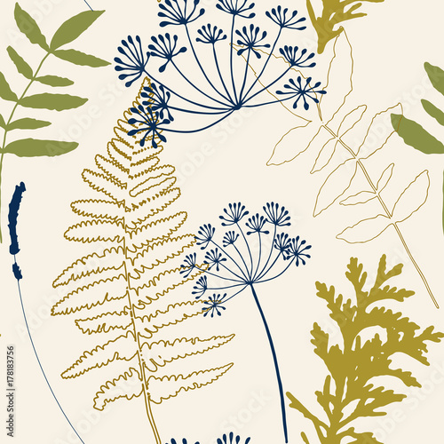 Floral vector seamless pattern with dill and lavender flowers, fern leaves an...